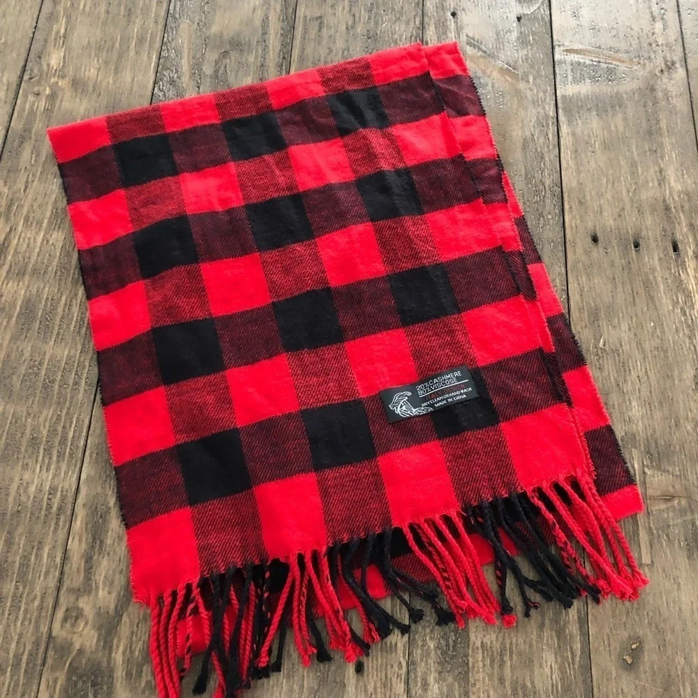 Italy Design Cashmere Blend Buffalo Plaid Check Scarf Fringe Unisex Soft Cozy